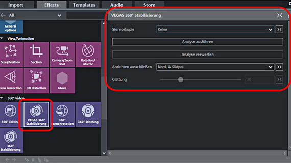 Effect dialog for 360 degree image stabilization