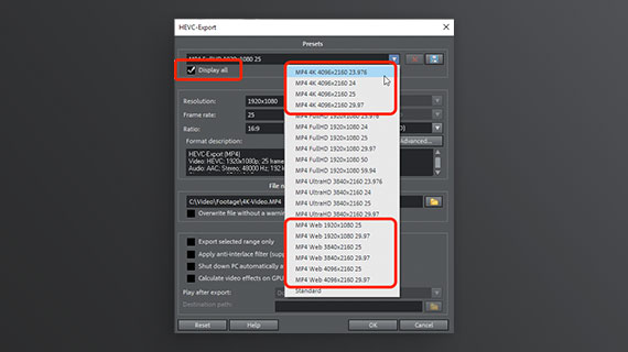 Exportation HEVC avec des préréglages 4K et Web