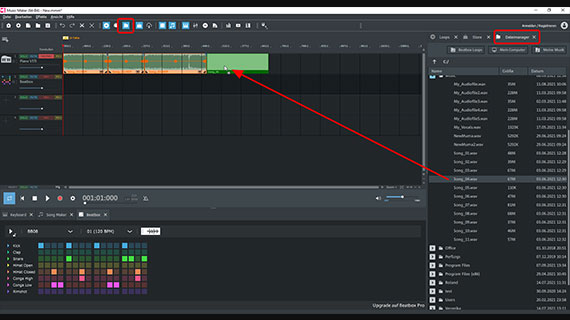 Songs aus dem Dateimanager ins Projektfenster ziehen