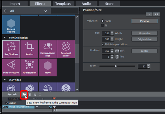 Animation par keyframes de « Position/taille »