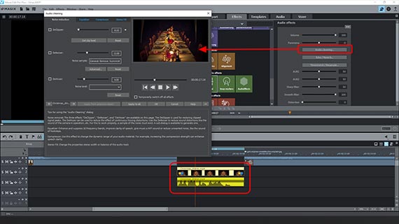 Selecteer audio track - Open audio-effecten in de Mediapool - Activeer "Audio Cleaning 