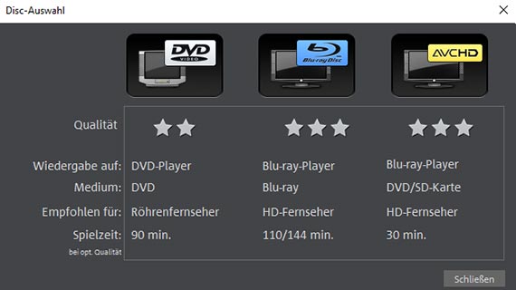 Disctyp auswählen: DVD, Blu-ray oder AVCHD