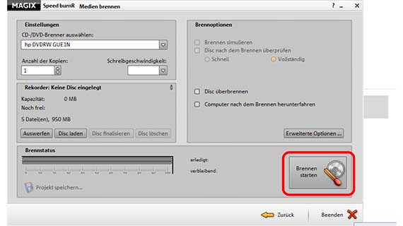 "Weiter" klicken und Brennen starten