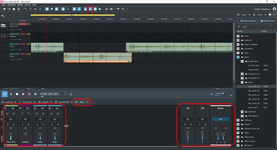 Mixer mit Spur- und Master-Effekten, Lautstärke-Fadern und Panorama-Drehreglern