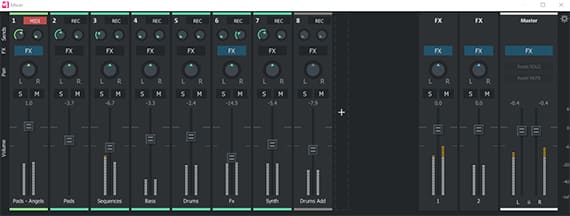 Screenshot eines virtuellen Mischpults vom Music Maker