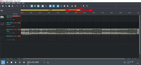 Bereichsbalken per Drag & Drop an die Länge der Audiodatei anpassen