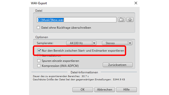 Exportdialog mit Option zum Exportieren des Abspielbereiches