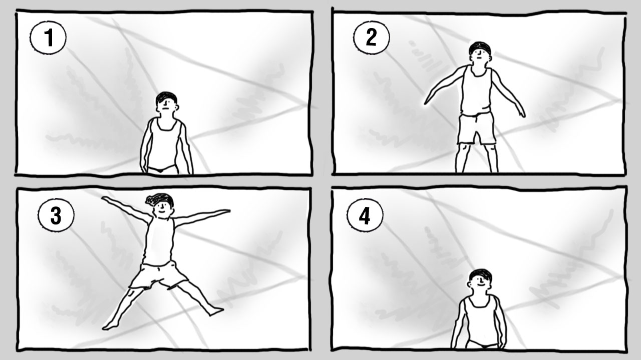 Storyboard with 4 frames for a boy jumping against a blue sky