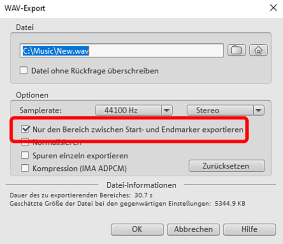 Exportdialog mit Option zum Exportieren des Abspielbereiches