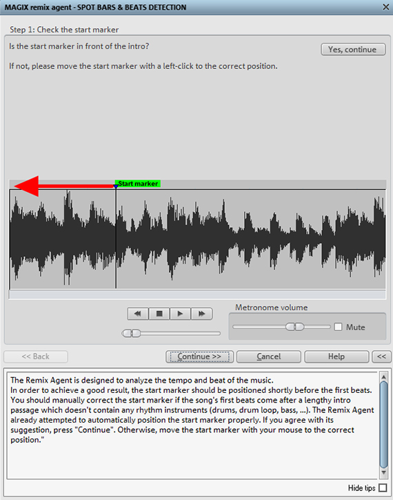 Placing the start marker for beat analysis in the Remix Agent