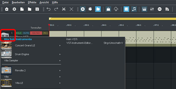 VST-Auswahlmenü per Klick auf das Instrumentensymbol öffnen