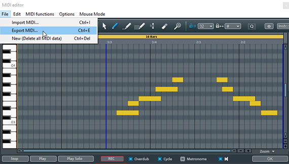 Export a MIDI file in the MIDI editor