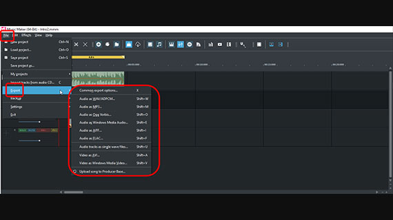 Export options in file menu