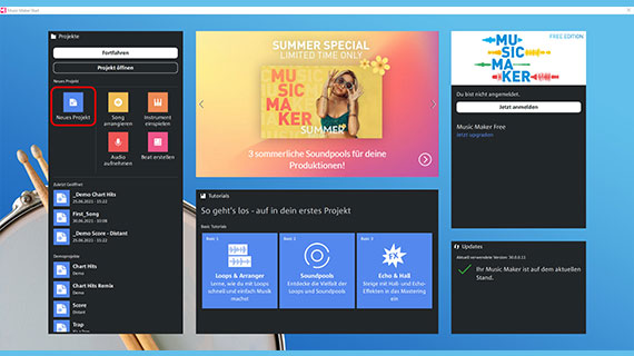 Im Startdialog von Music Maker ein neues Projekt anlegen