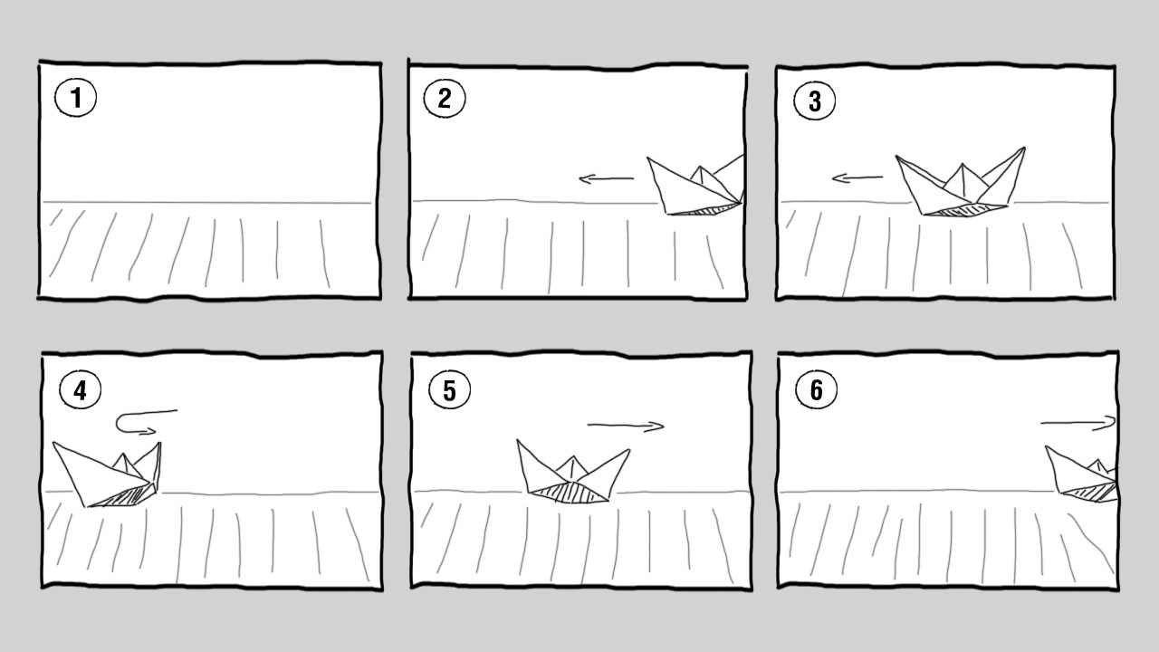 A storyboard for a stop motion video with a paper boat