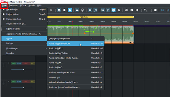 Formate für den Audio-Export im Datei-Menü