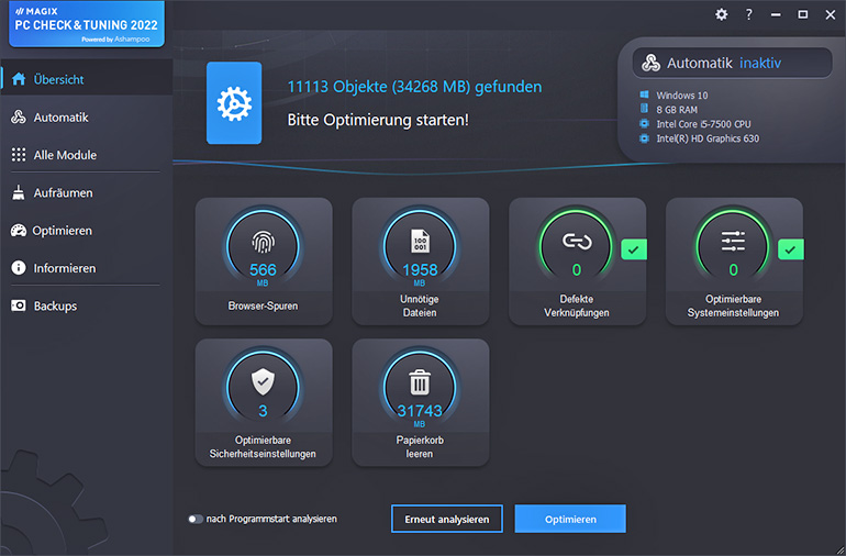 Mit dem neuen One Click Optimizer sind die wichtigsten Funktionen nur einen Click entfernt. Mit dem neuen One Click Optimizer sind die wichtigsten Funktionen nur einen Click entfernt.