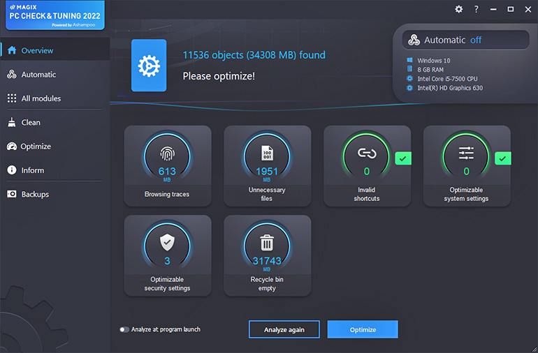 Com o novo One Click Optimizer, as funções mais importantes estão a apenas um clique de distância. Com o novo One Click Optimizer, as funções mais importantes estão a apenas um clique de distância.