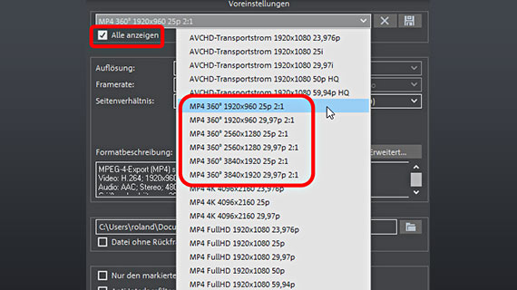 360-Grad-Videoexport: Voreinstellungen 360-Grad-Option in den Voreinstellungen des MP4-Exportdialogs