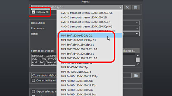 360-gradenoptie presets van de MP4-exportdialoog voorkeuren