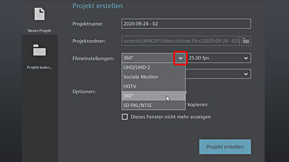 360-Grad-Videoprojekt im Startdialog anlegen