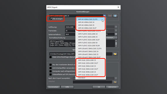 4K-Videos als HEVC-Video exportieren HEVC-Export mit 4K- und Web-Presets
