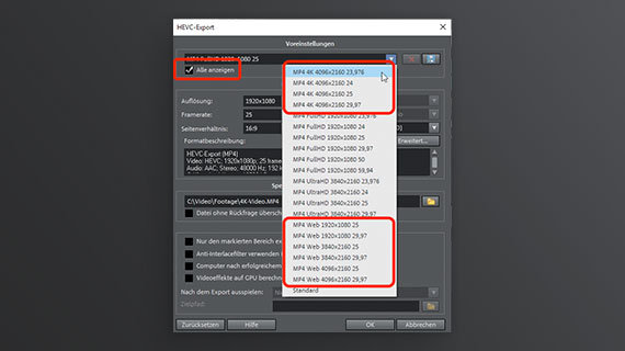 HEVC-Export mit 4K- und Web-Presets