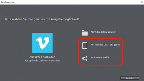 4K-Videos überspielen oder hochladen Dialog "Film fertigstellen"