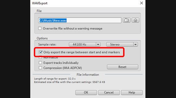 Export the play area as a WAV file