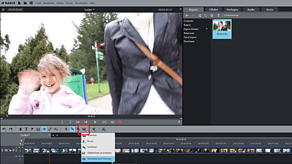 Mausmodus "Schneiden und Trimmen" Videodatei für Trailer laden