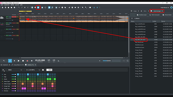 Dateimanager öffnen, MP3-Datei auf die Spur ziehen