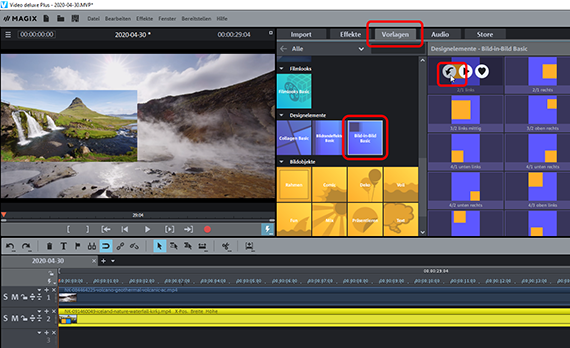 Erstes Video im Split-Screen anordnen Bild-in-Bild-Vorlagen im Media Pool