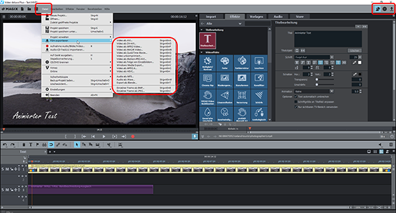Text in Video: Exportmöglichkeiten Datei-Export/Disc brennen/Upload/auf Smartphone überspielen