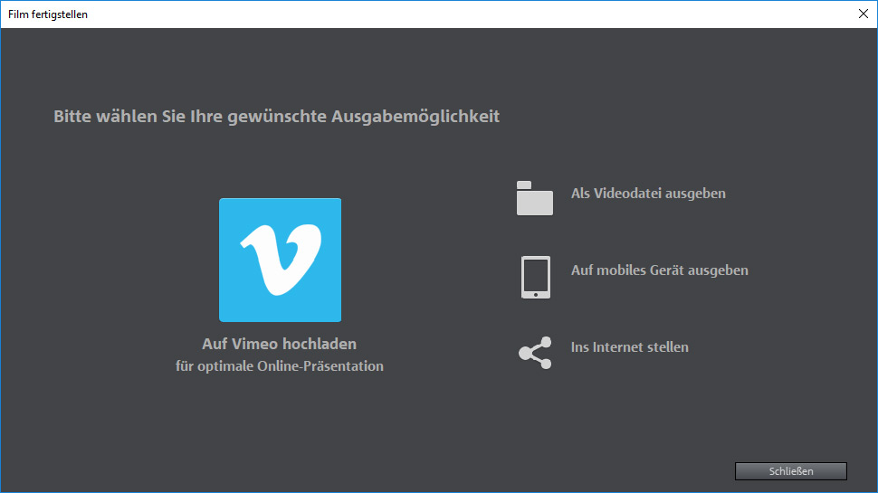 Export-Dialog Screenshot der Export Möglichkeiten für das fertige Projekt