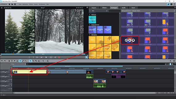 Split-Screen-Collage Collagen-Vorlage aus dem Media Pool auf das erste Video ziehen