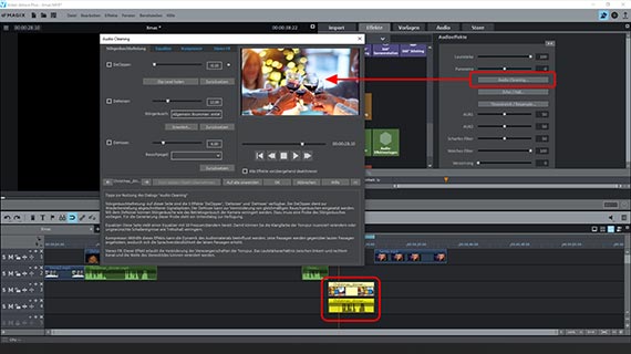 Tonspur auswählen - Audioeffekte im Media Pool öffnen - "Audio Cleaning" aktivieren 