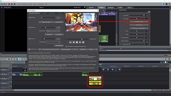 Audio-Cleaning-Dialog für ausgewählte Tonspur Tonspur auswählen - Audioeffekte im Media Pool öffnen - "Audio Cleaning" aktivieren