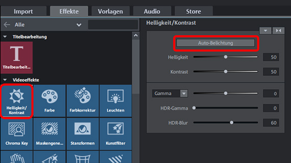 Autobelichtung Dialog "Helligkeit/Kontrast" im Effekte-Reiter des Media Pool