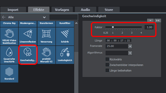Slow Motion & Timelapse Effektdialog "Geschwindigkeit"