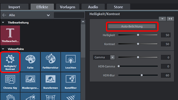 "Brightness/Contrast" dialog in the Media Pool effects tab