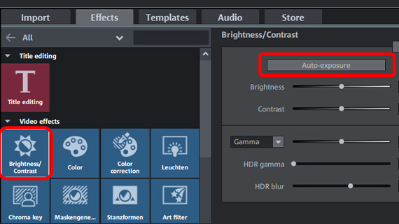 "Brightness/Contrast" dialog in the Media Pool effects tab