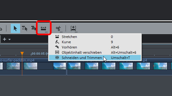 Mausmodus für Jump Cuts Mausmodus "Schneiden und Trimmen" auswählen