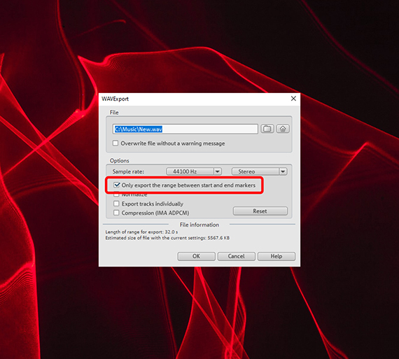 Exporting a playback range as a WAV file via the File menu