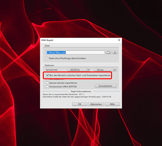 Abspielbereich über das Datei-Menü als WAV-Datei exportieren