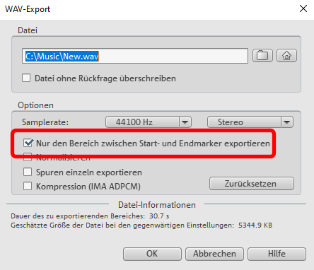 Abspielbereich als WAV-Datei exportieren