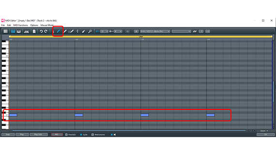 Draw notes for the kick drum with the pen tool in row C1 of the MIDI editor