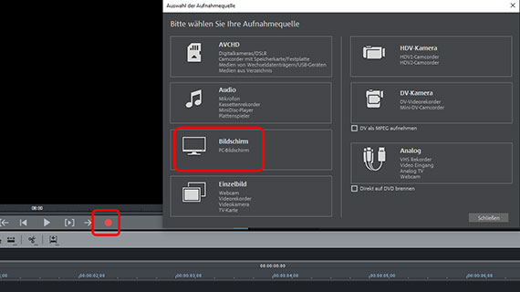 Dialog "Bldschirmaufnahme" öffnen Aufnahme-Schaltfläche und Dialog "Bildschirmaufnahme"