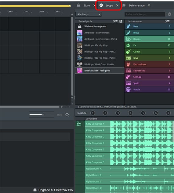 Screenshot von den mitgelieferten Soundpool-Loops im Music Maker