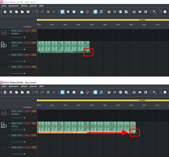 Screenshot von Music Maker Benutzeroberfläche mit Soundpool-Loops und Markierung am unteren Anfasser zum aufziehen und loopen