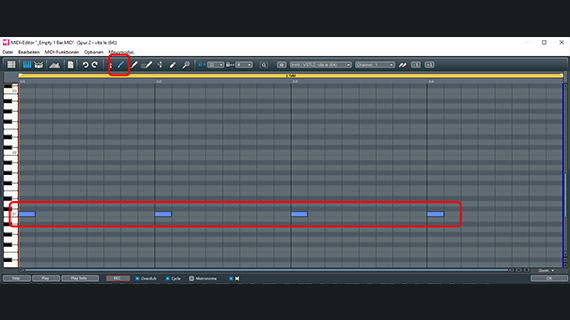 MIDI-Editor öffnen, Stift-Werkzeug wählen und Noten einzeichnen